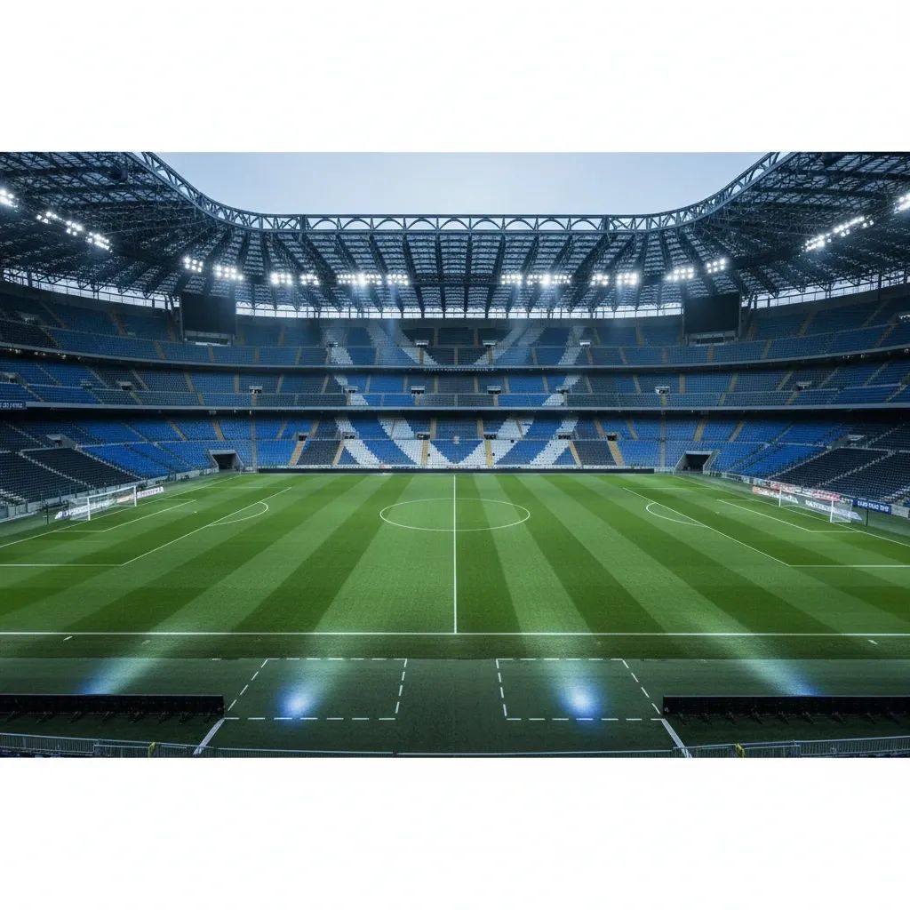 Empty football stadium field at San Siro showing distinctive Inter Milan stadium architecture and seating sections