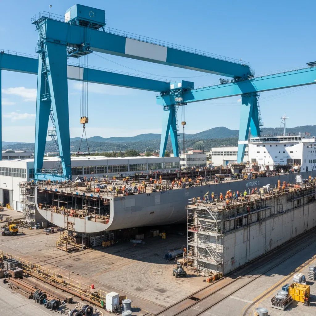 Modern shipyard facility with construction cranes overlooking industrial waterside in northeastern Italy