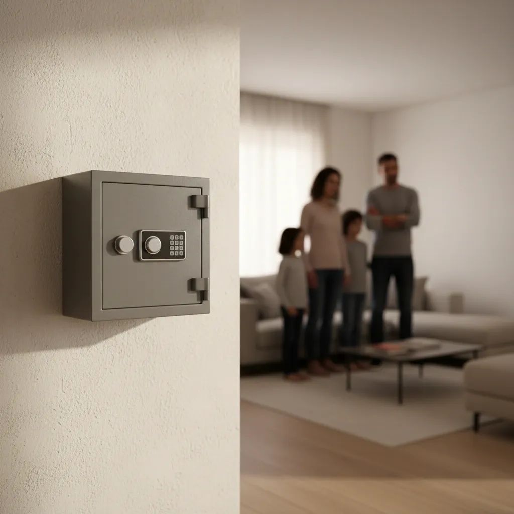 Secure gun safe mounted on apartment wall, representing responsible firearm storage and family safety measures in Italian homes