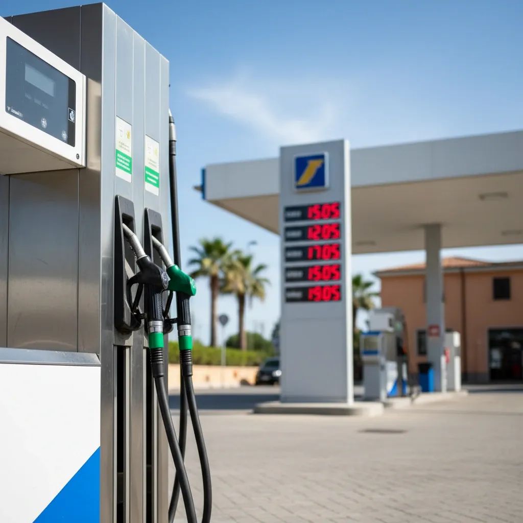 Italian gas station pump showing fuel price display during daytime