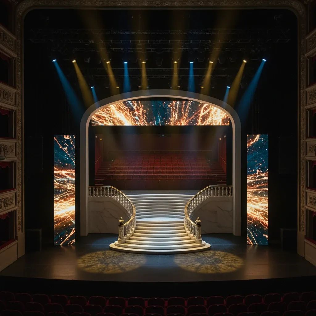 Modern theater stage with dramatic lighting and staircase, concert hall setting for music festival performance