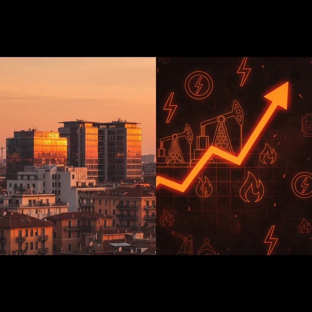 Italian energy market turmoil visualization representing rising gas prices and stock market volatility