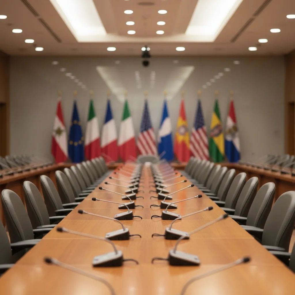 International conference hall with Italian and US flags highlighting Italy’s observer role on Trump’s peace board