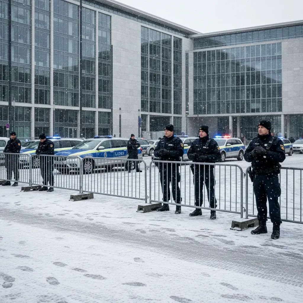 Enhanced security measures and police presence outside European diplomatic building with street barriers