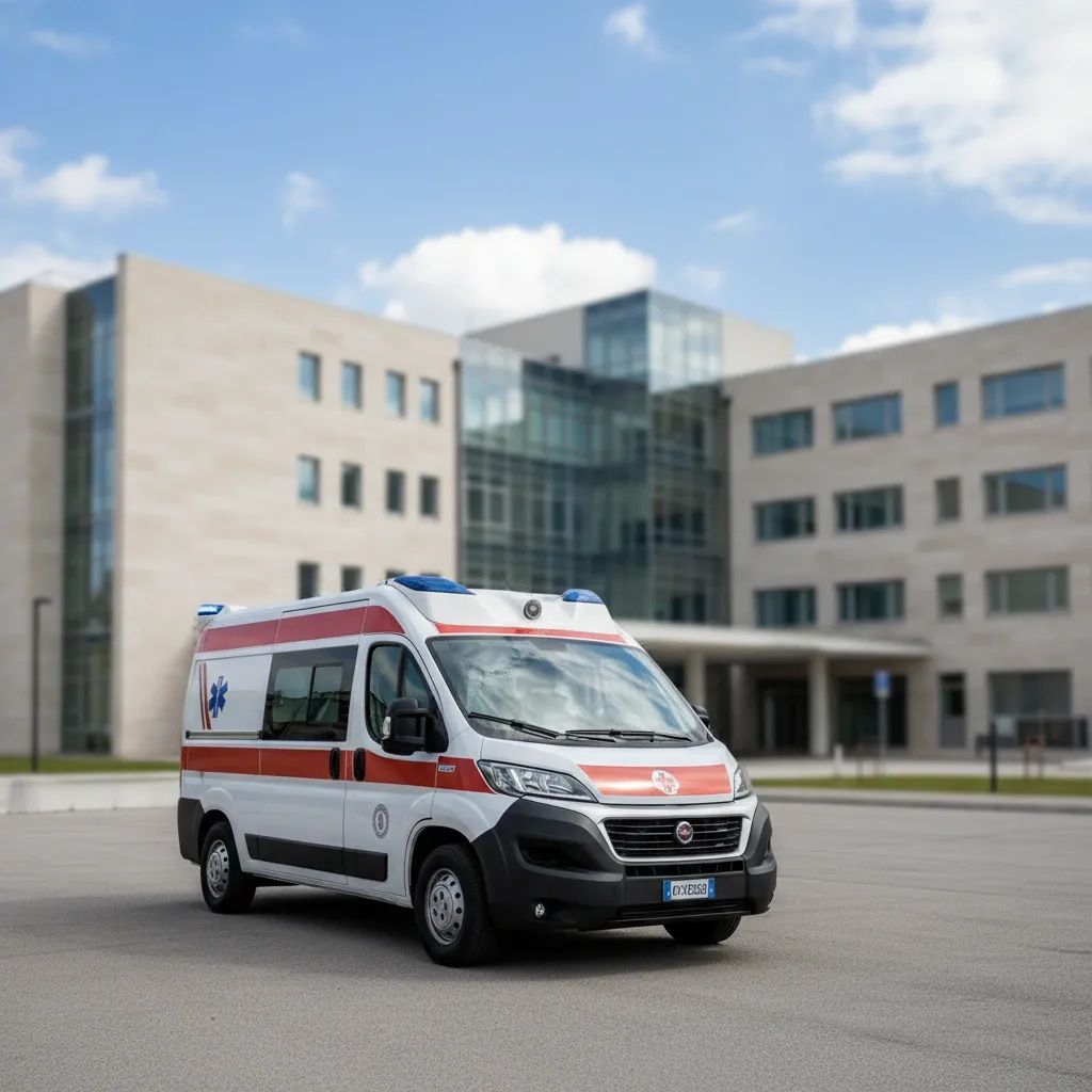 Italian ambulance parked outside healthcare facility representing emergency medical services investigation