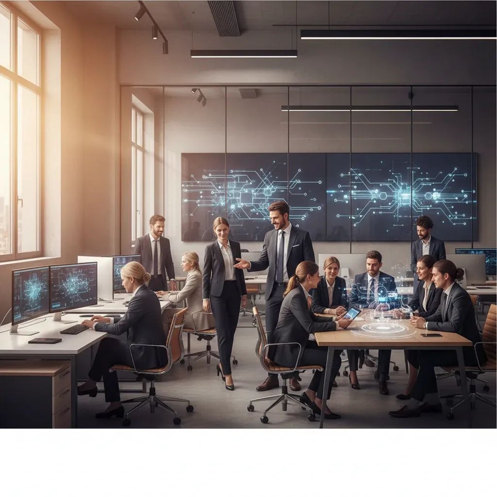 Modern Italian business professionals collaborating in contemporary office with digital technology interfaces