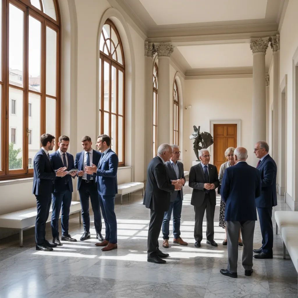 Diverse professionals of different ages in an Italian government building representing generational equity in policy-making