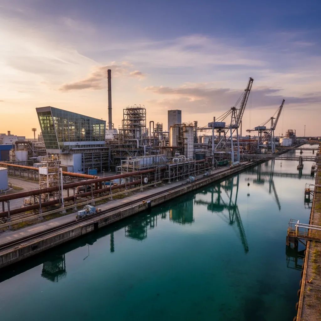Industrial chemical plant complex in Porto Marghera near Venice, showing large manufacturing facilities and infrastructure