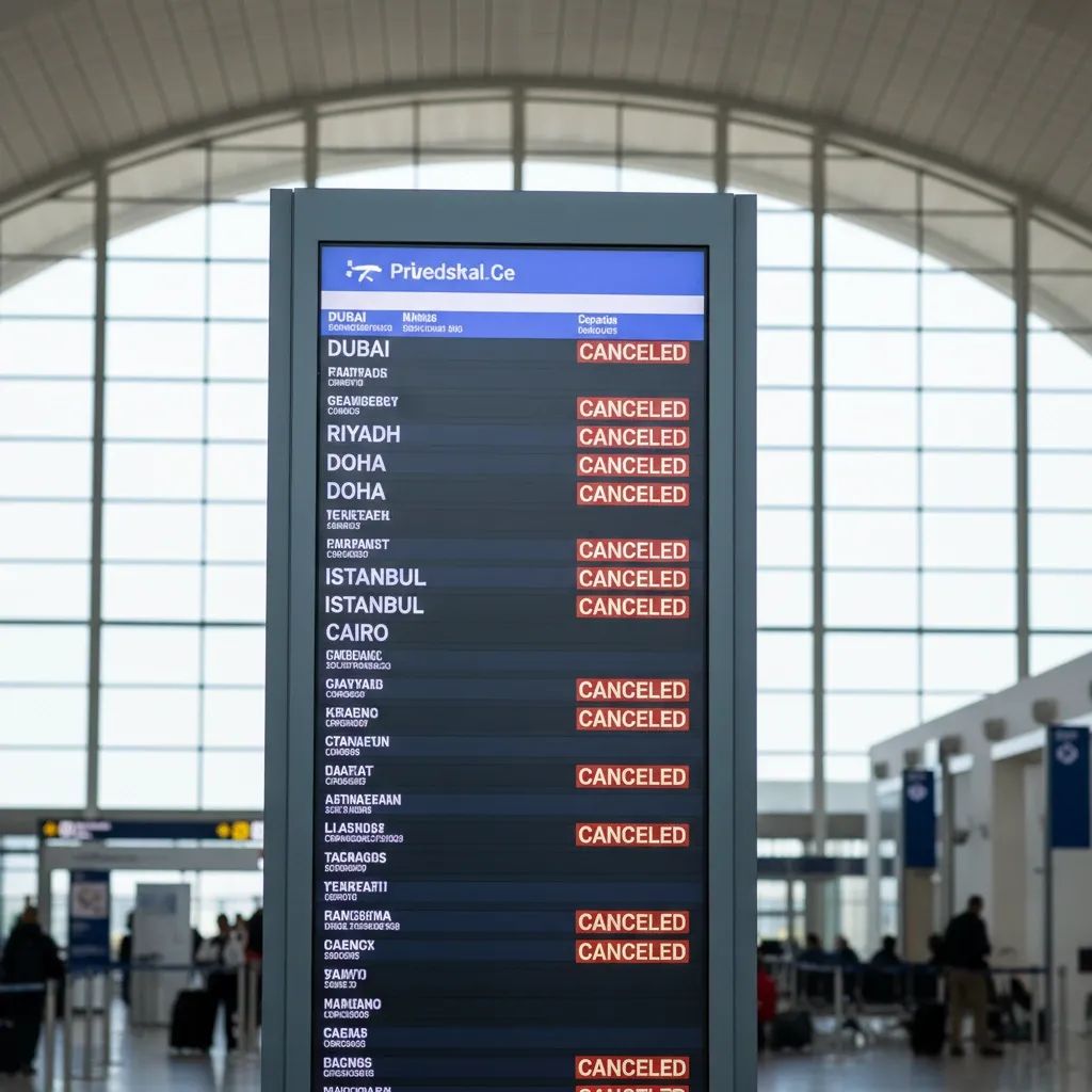 Airport departure board displaying canceled flights to Middle Eastern destinations
