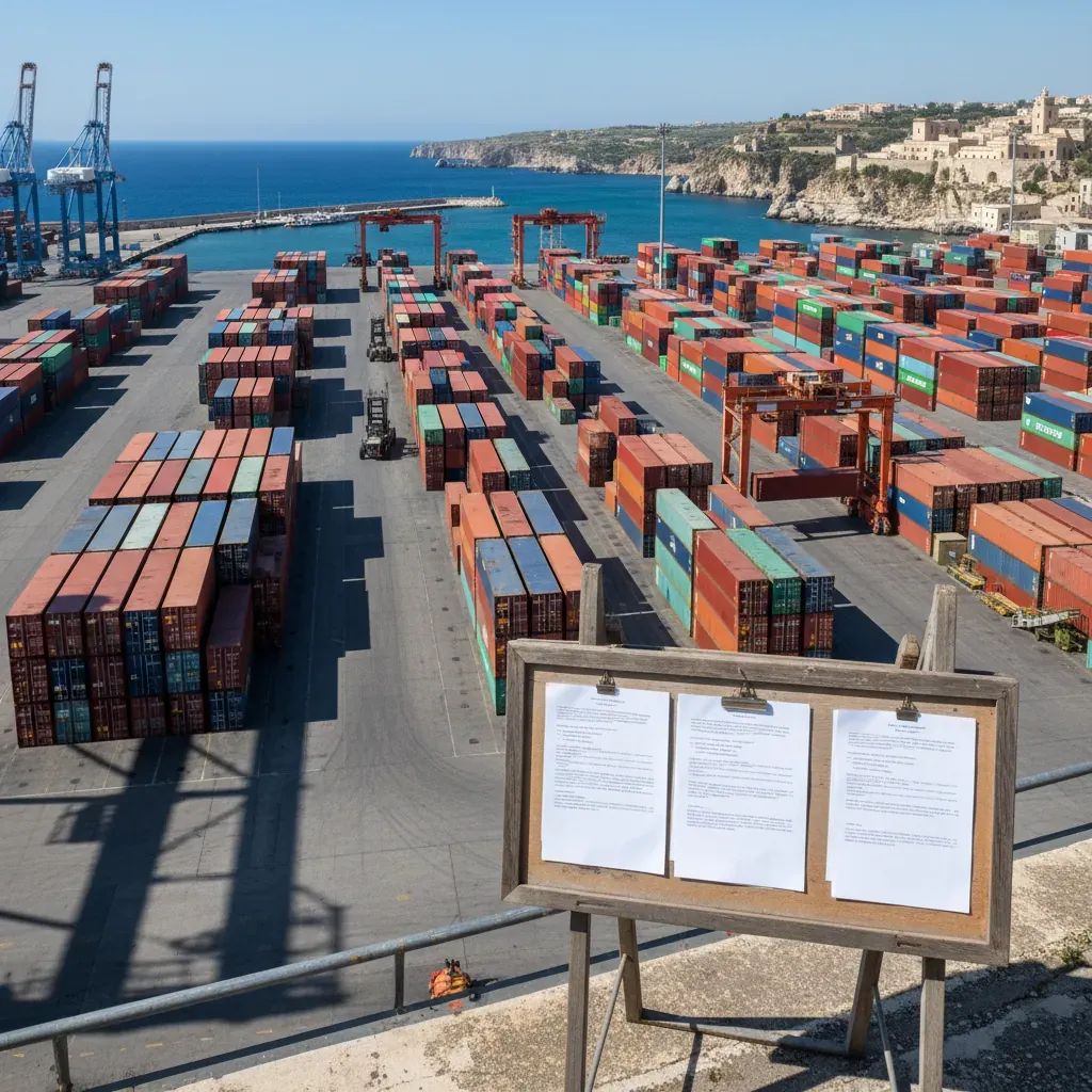 Sicilian port terminal with stacked containers and maritime operations facility