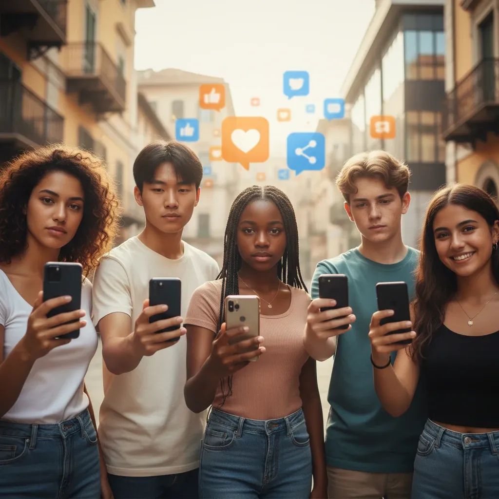 Teenagers using smartphones with social media app icons in Mediterranean city background