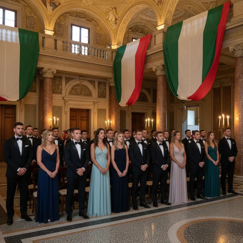 Italian tennis national teams in formal attire at a presidential ceremony inside the Quirinale Palace