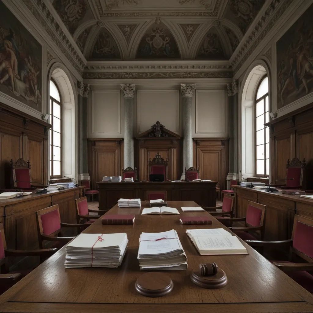 Italian courthouse interior with judicial documents and official setting