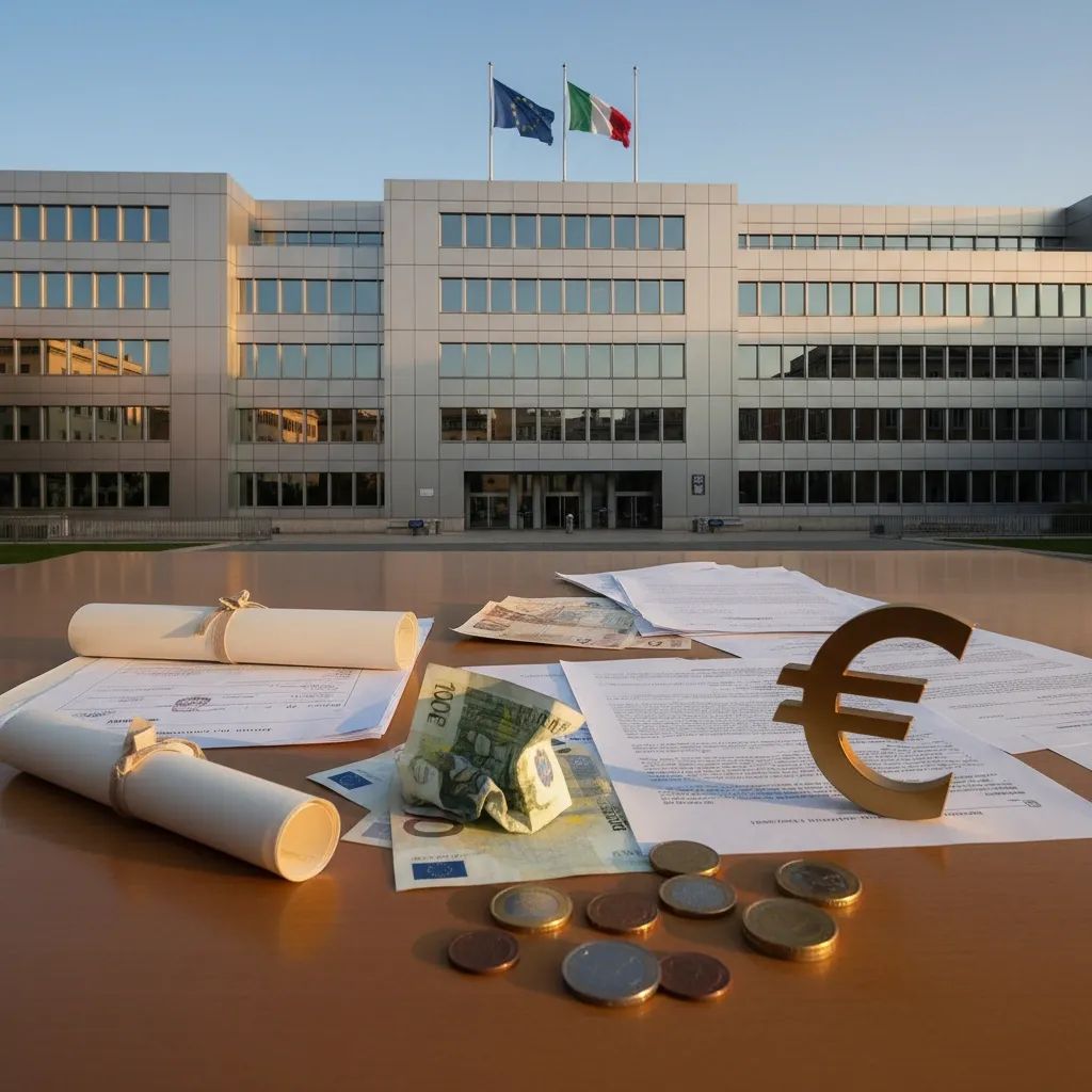 Italian government ministry building with EU budget documents and currency symbols representing Italy's fiscal deficit situation
