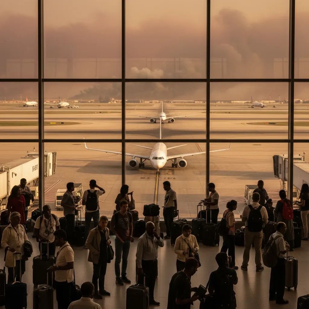 International airport scene with passengers evacuating during crisis, aircraft and departure area