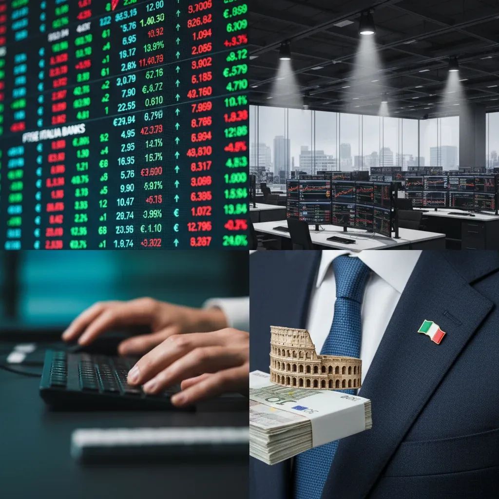 Stock market trading board showing red losses for banking sector alongside green gains for telecom stocks in European financial markets