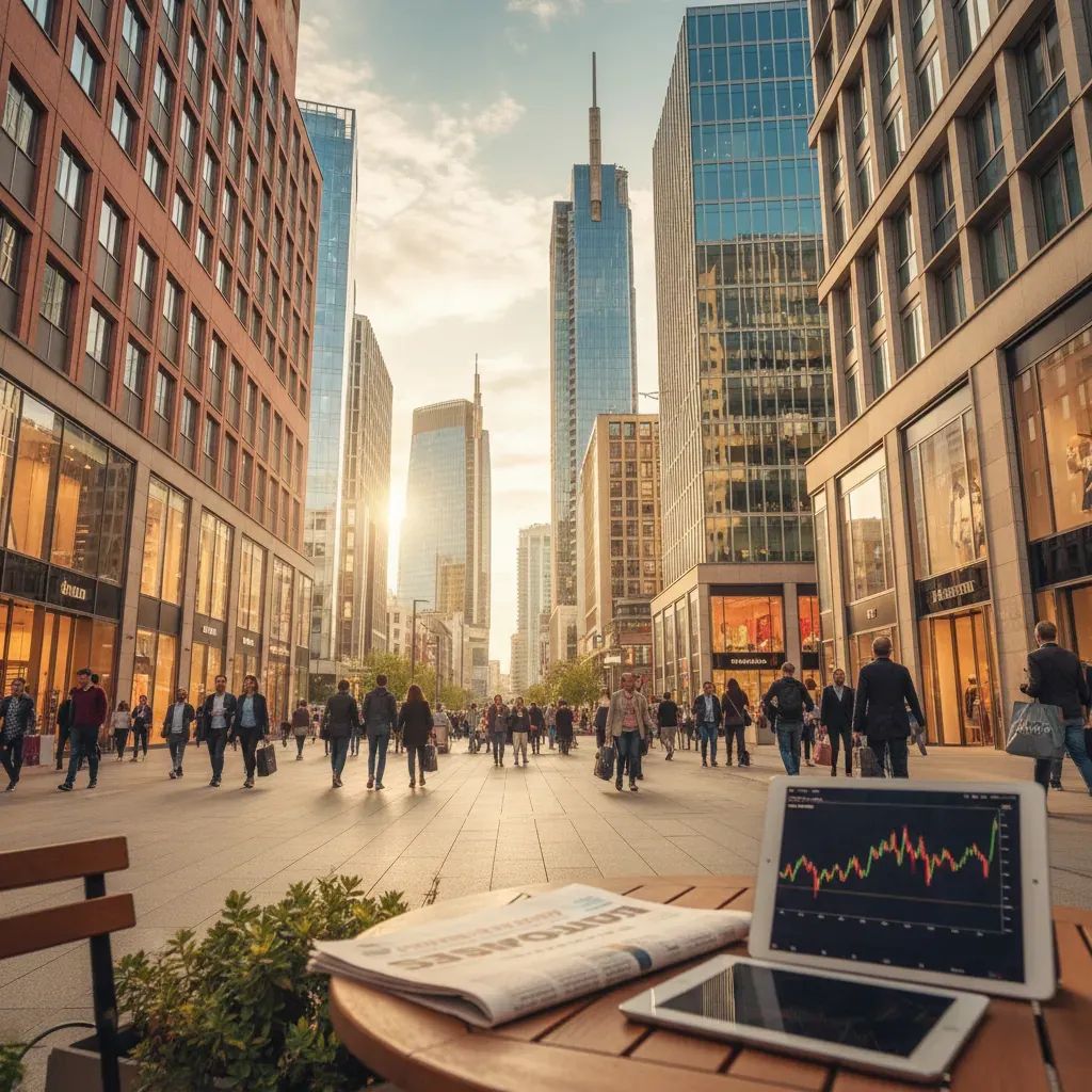 Italian street scene showing shops and pedestrians with shopping bags in active business district