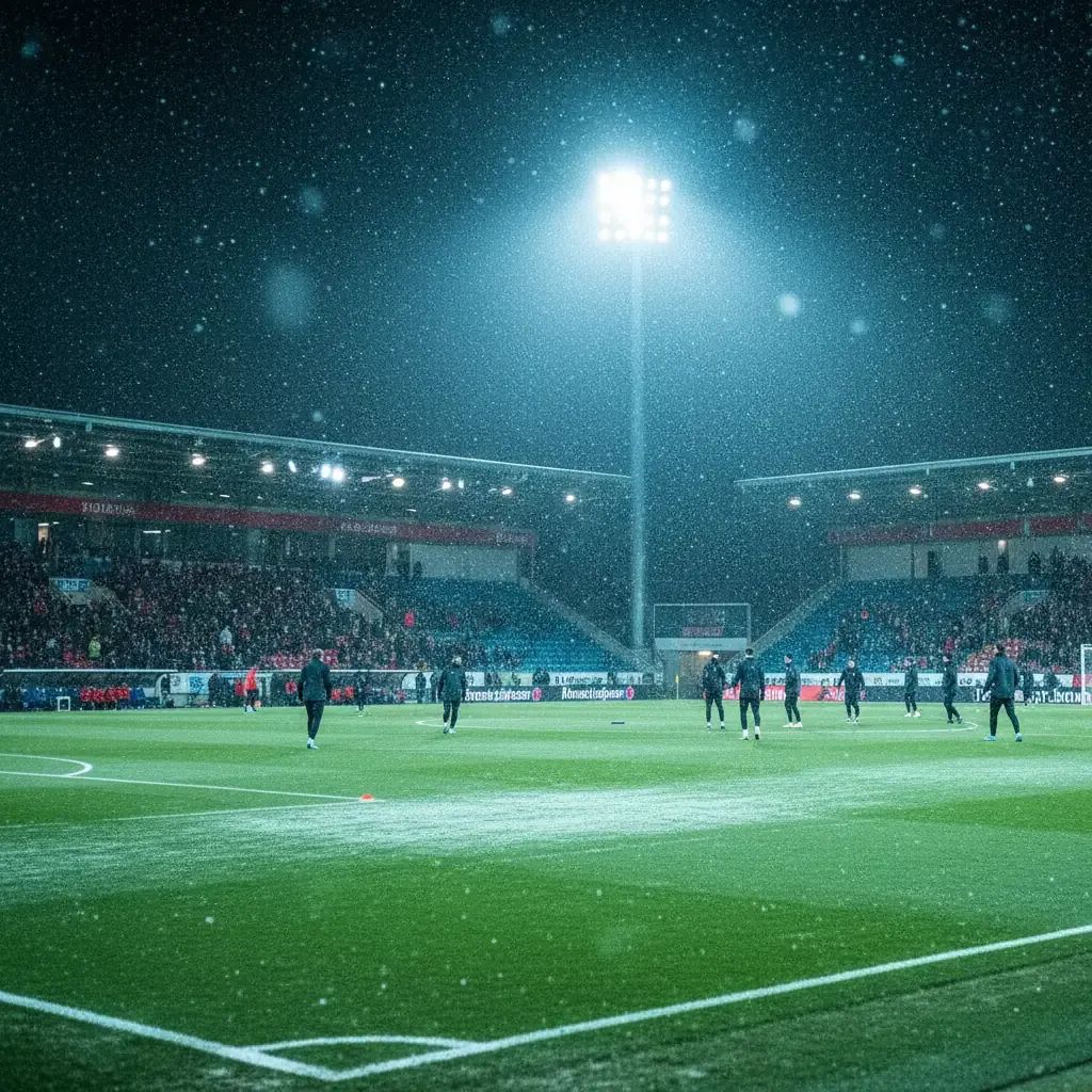 Snow-dusted Norwegian stadium under floodlights as teams warm up for Bologna’s Europa League playoff