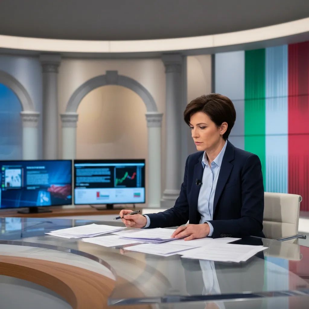 Investigative journalist in professional TV studio reviewing documents for news investigation