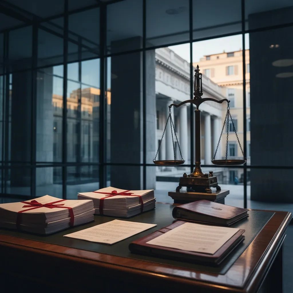 Italian government building in Rome with official documents and legal symbols representing police accountability debate