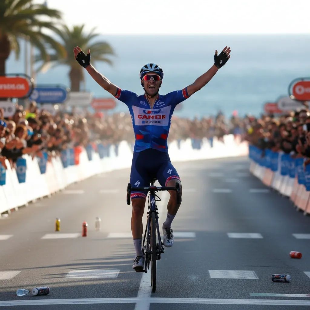 Cyclist celebrating victory at Milano-Sanremo finish line on Via Roma coastal road