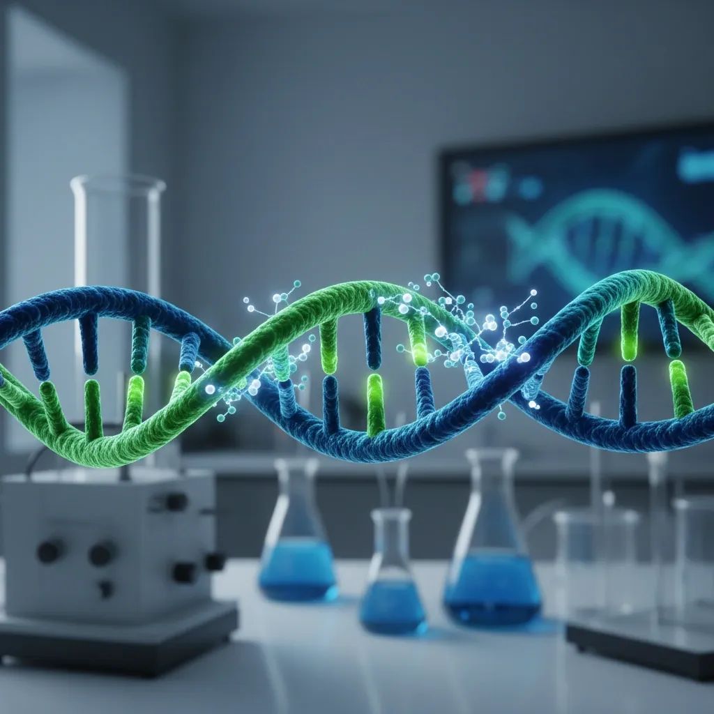 Abstract DNA helix illustration representing cellular repair mechanisms and cancer research breakthrough