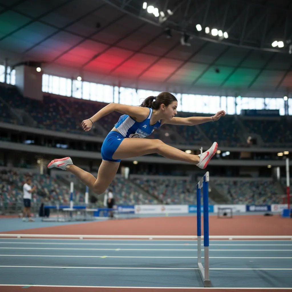 Italian teenage hurdler clearing an indoor hurdle in dynamic side view, spotlighting youth athletics record