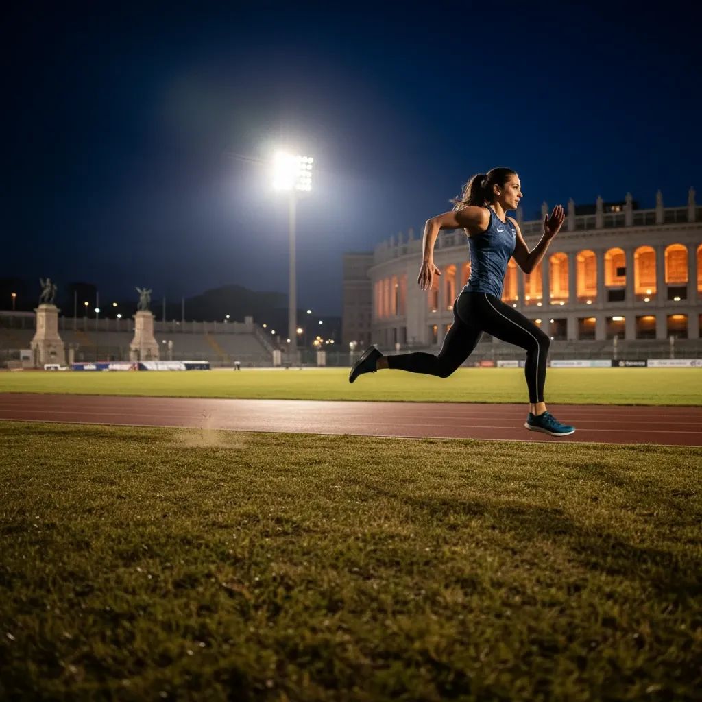 Athlete sprinting on professional track at Rome's Stadio Olimpico during evening athletics competition