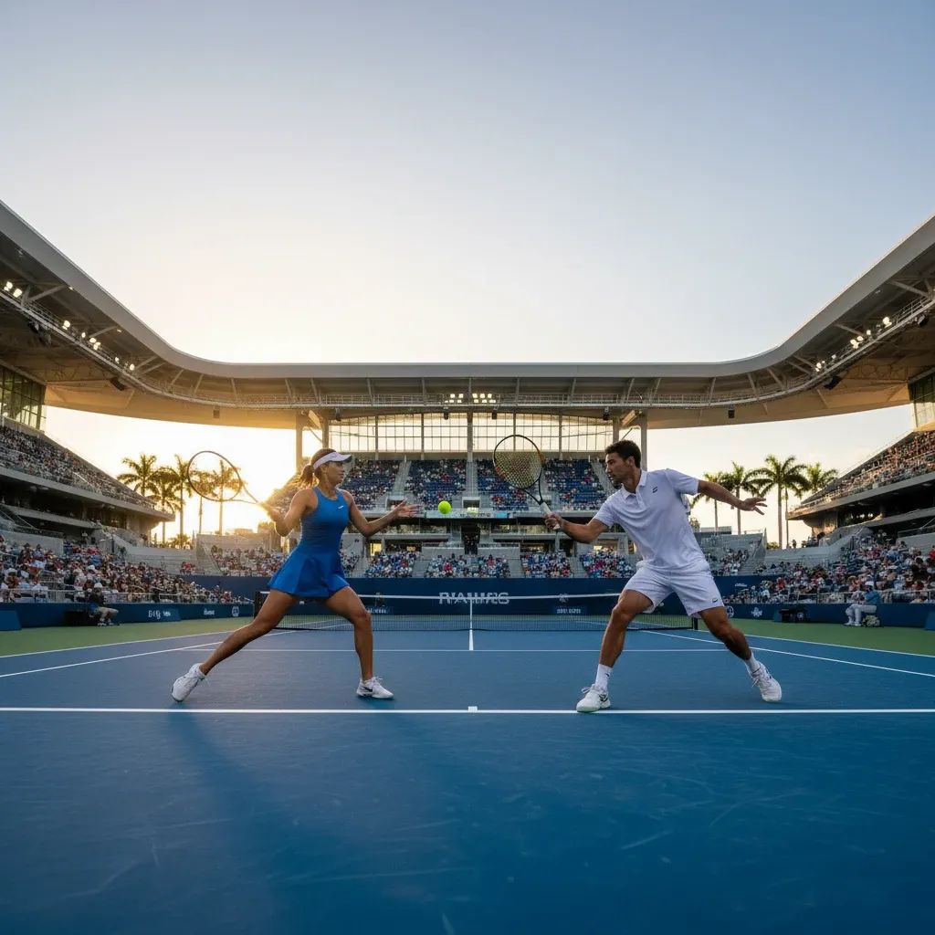 Professional tennis players competing on a hard court at Miami stadium during Masters 1000 tournament
