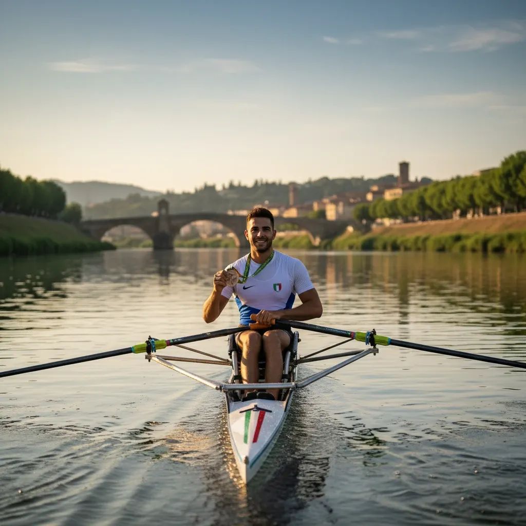 Italian Paralympic rower Giacomo Perini in rowing boat holding restored bronze medal on water