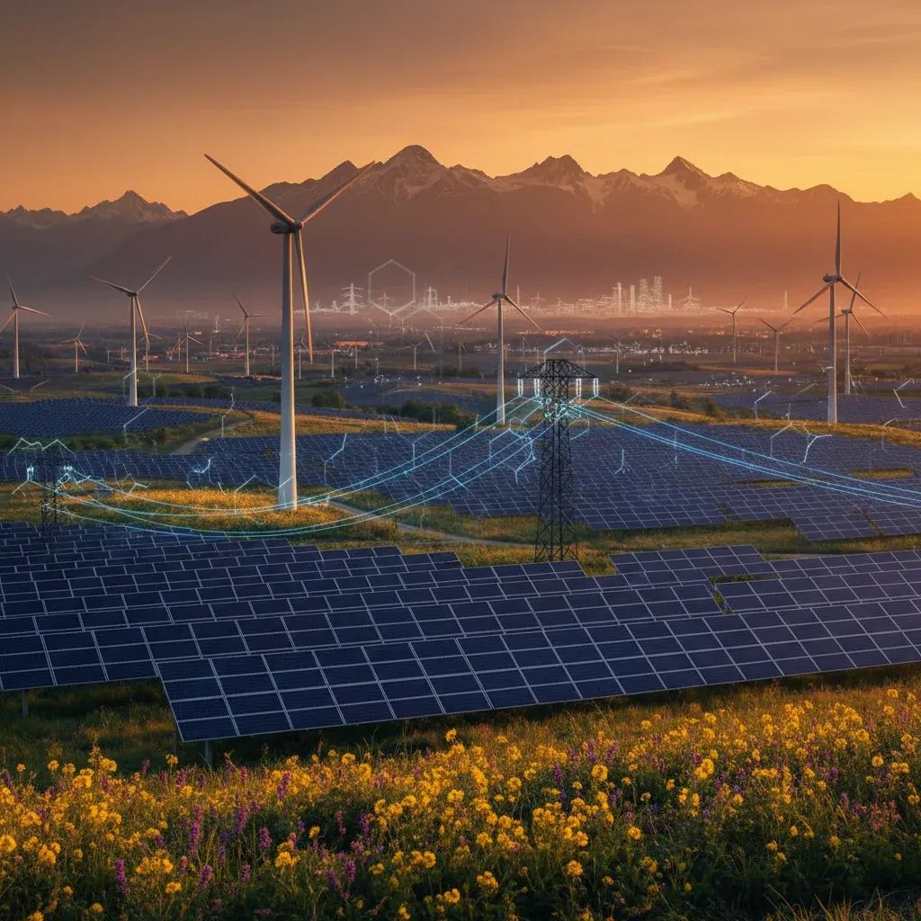 Solar panels and wind turbines representing A2A's renewable energy expansion in Italy