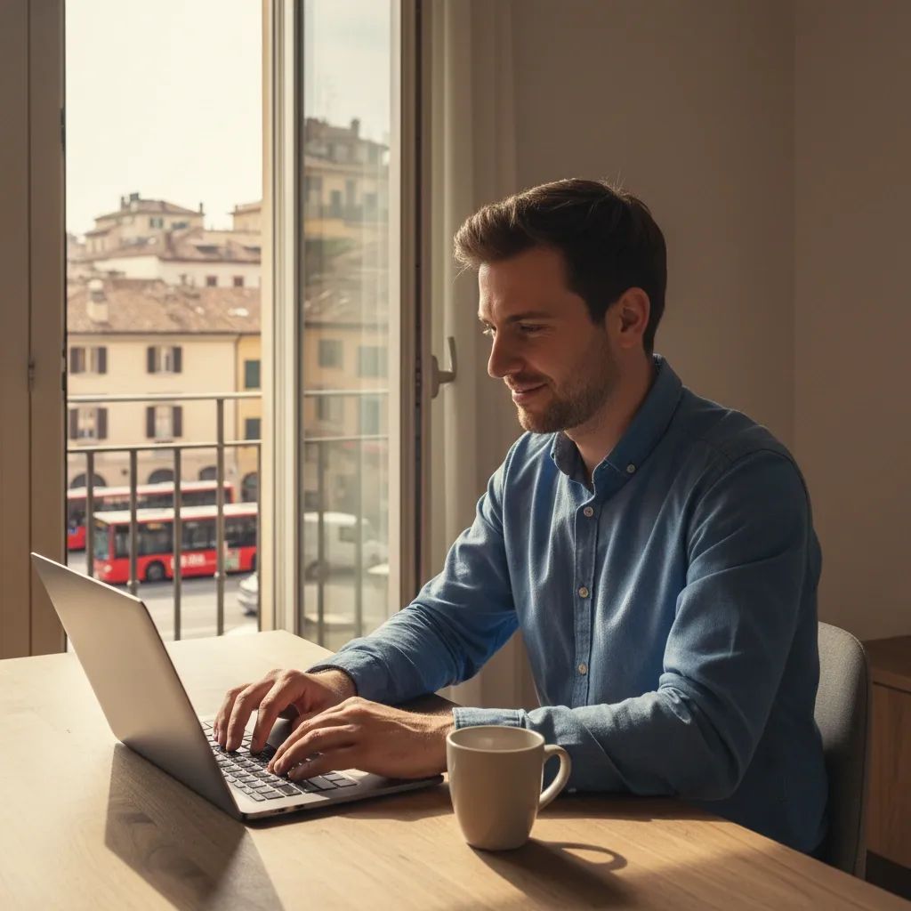 Remote worker in Italian home office with city and public transportation visible outside