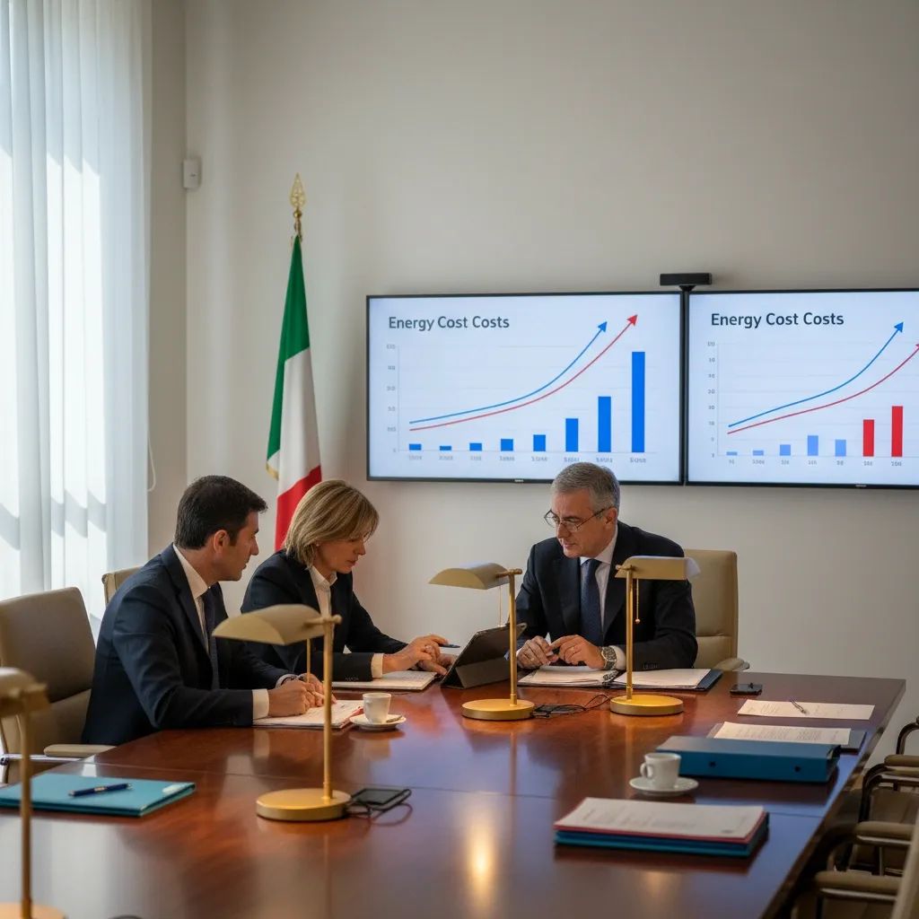 Government officials reviewing financial reports amid rising energy costs and recession concerns