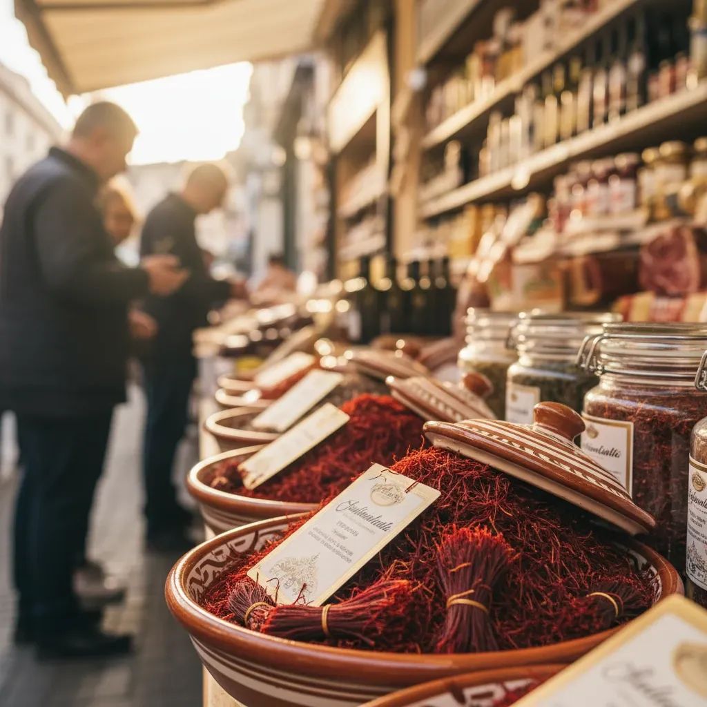 Dried saffron spice in market containers with warm Mediterranean lighting atmosphere