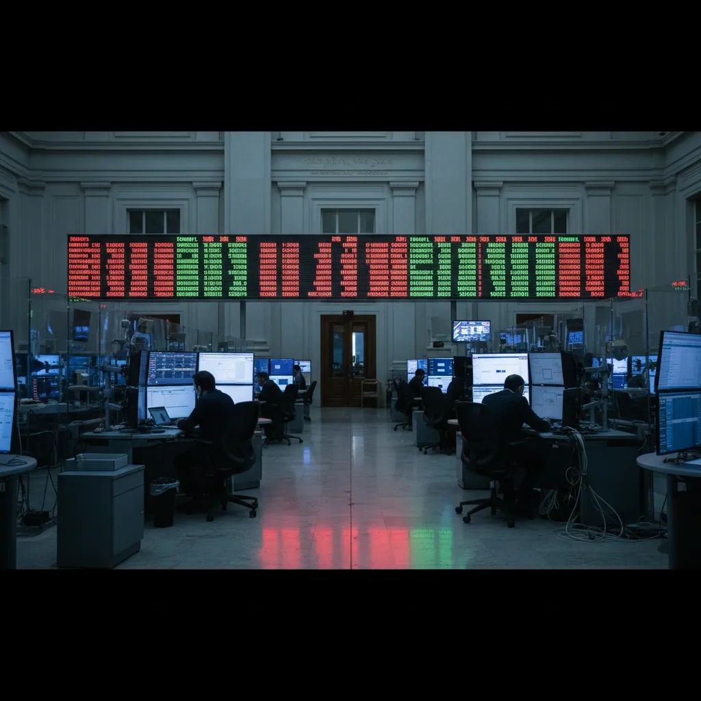 Italian stock exchange floor with glowing red and green price boards and traders in silhouette