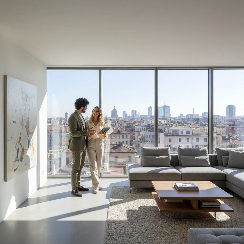 Young couple reviewing apartment interior in modern Italian home setting