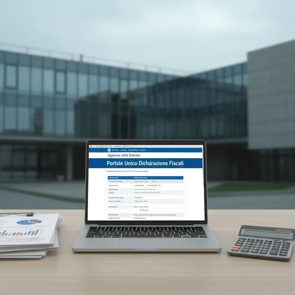 Laptop screen showing Italian tax filing system with documents and calculator on desk