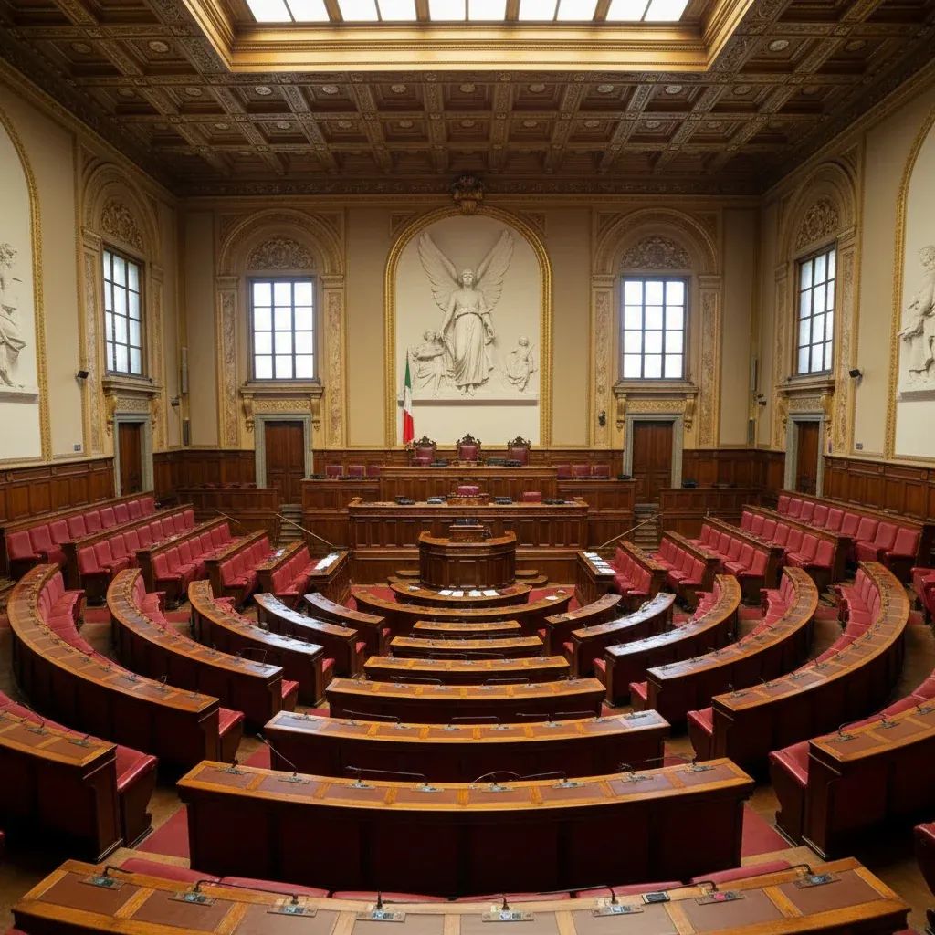 Interior of Italian Parliament chamber with legislative seating arrangement