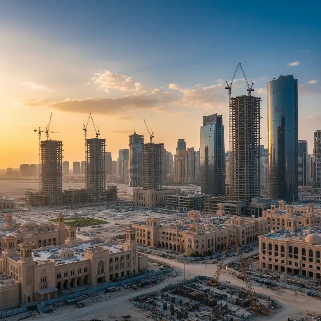 Modern Middle East development with high-rise buildings and construction cranes representing Italian-Egyptian architectural partnership