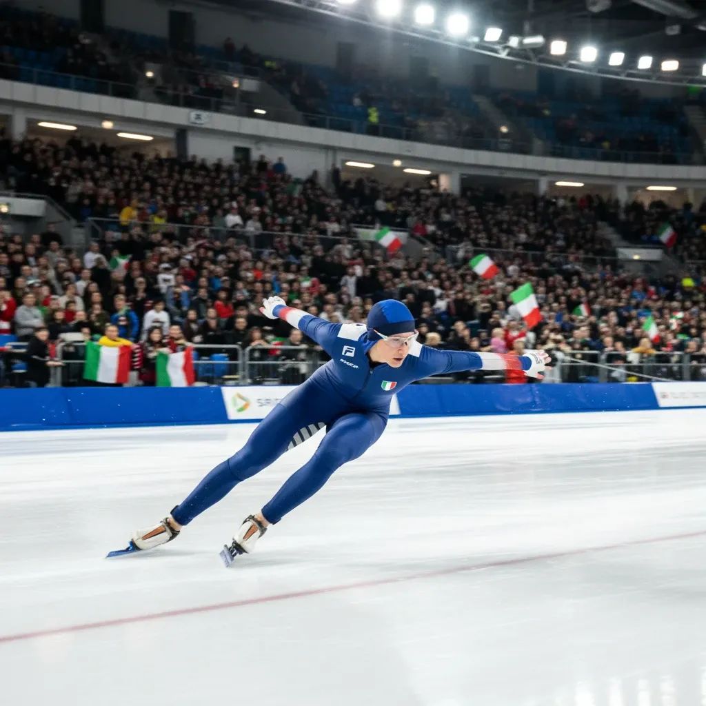 Italian speed skater in full stride on indoor oval at Milano-Cortina Olympics
