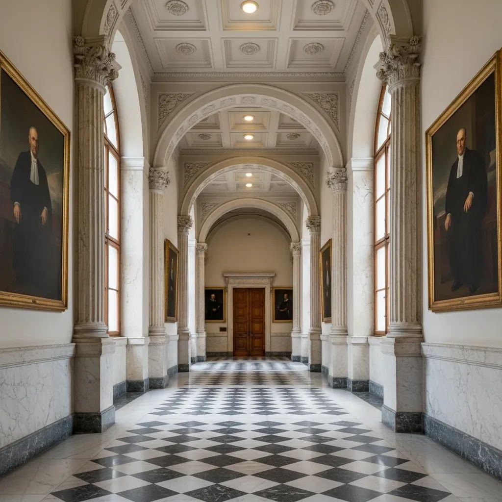Interior of Italian government courthouse with classical architecture and formal judicial setting