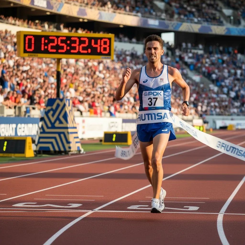 Race walker crossing finish line on outdoor track with determination during international athletics competition