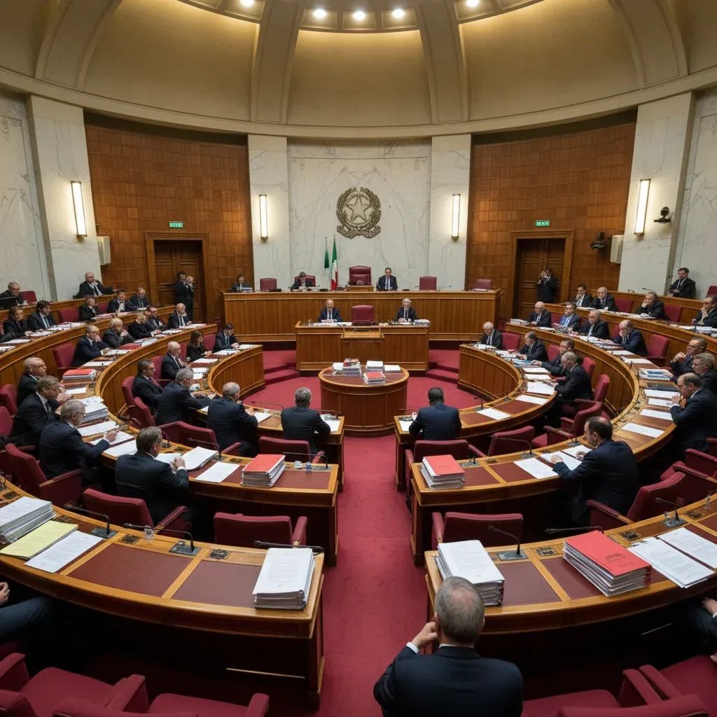 Italian Parliament chamber interior showing formal government seating and official documentation