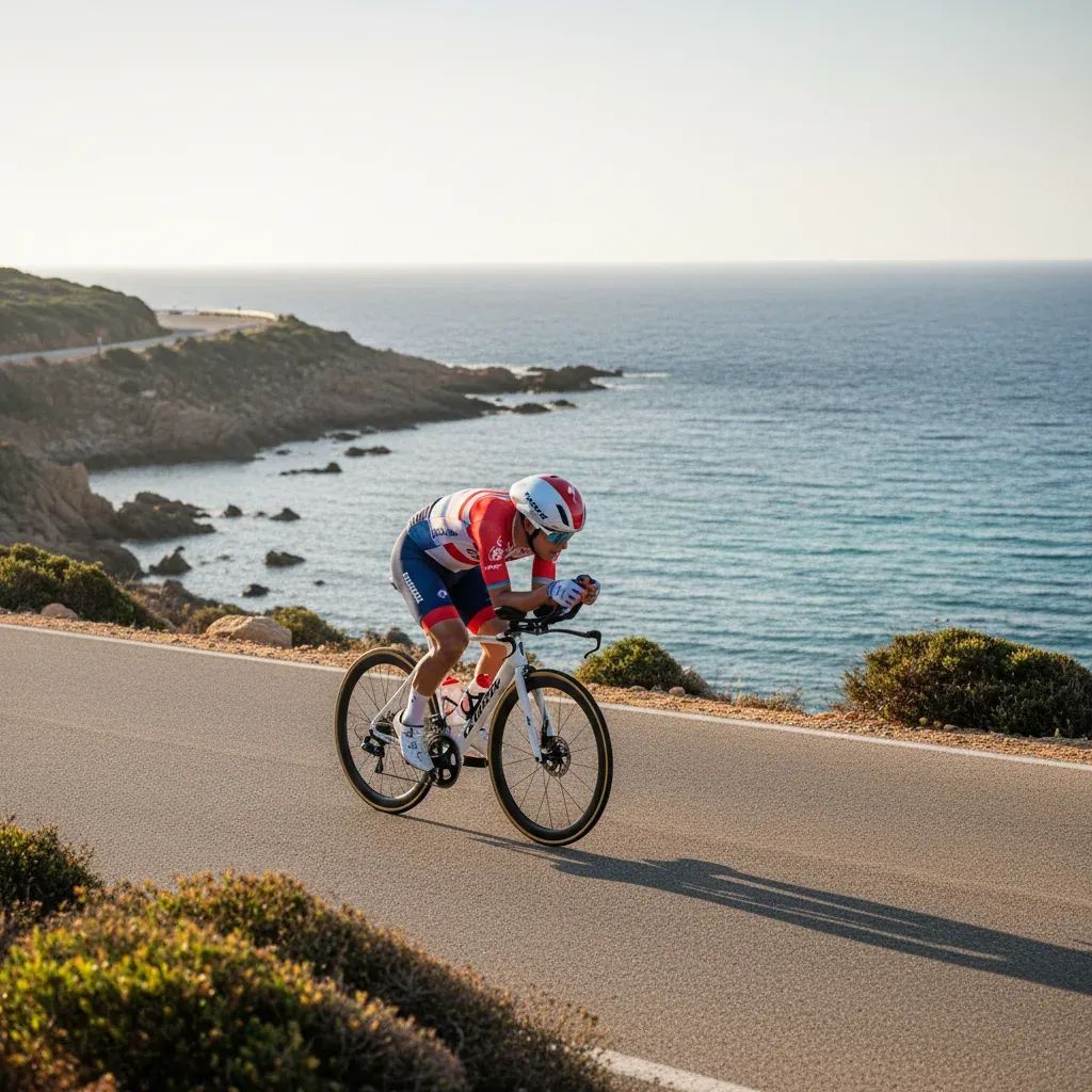 Professional cyclist racing on a coastal Sardinian road with Mediterranean landscape in background