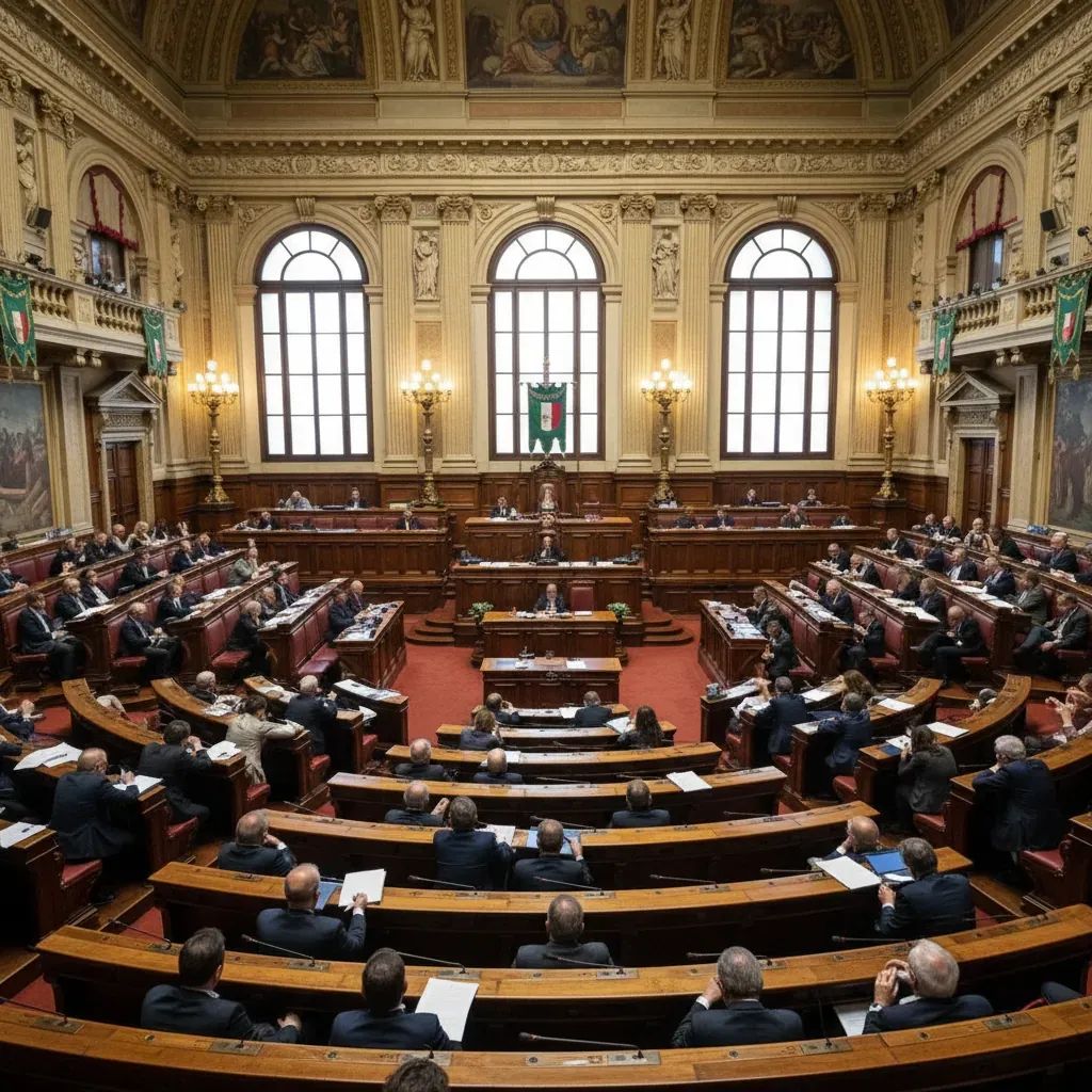 Wide view of Italy’s Chamber of Deputies with lawmakers voting on motion to reject costly US Peace Board