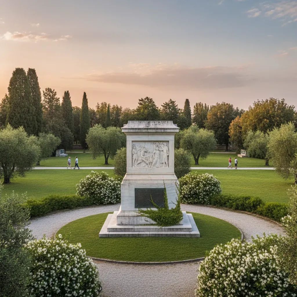 Historic Italian Resistance memorial site with monument and peaceful grounds during daytime