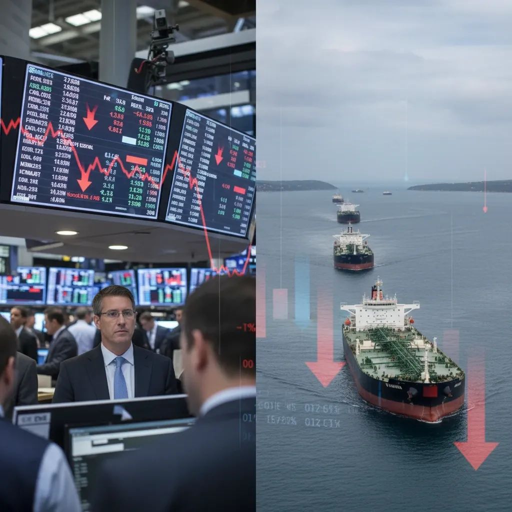 Stock market trading screens showing declining trends next to oil tanker ships in waterway representing energy market impact