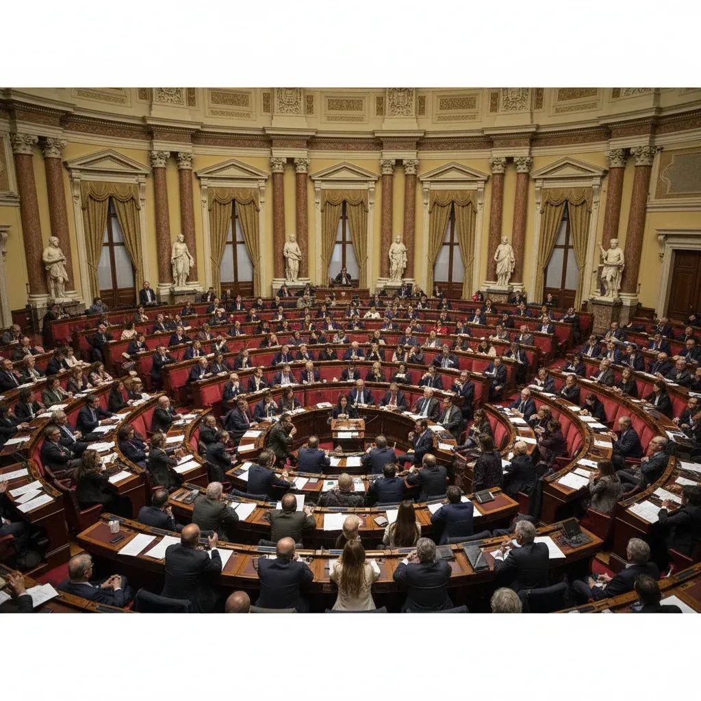 Italian parliament chamber during debate with lawmakers in session, representing political division