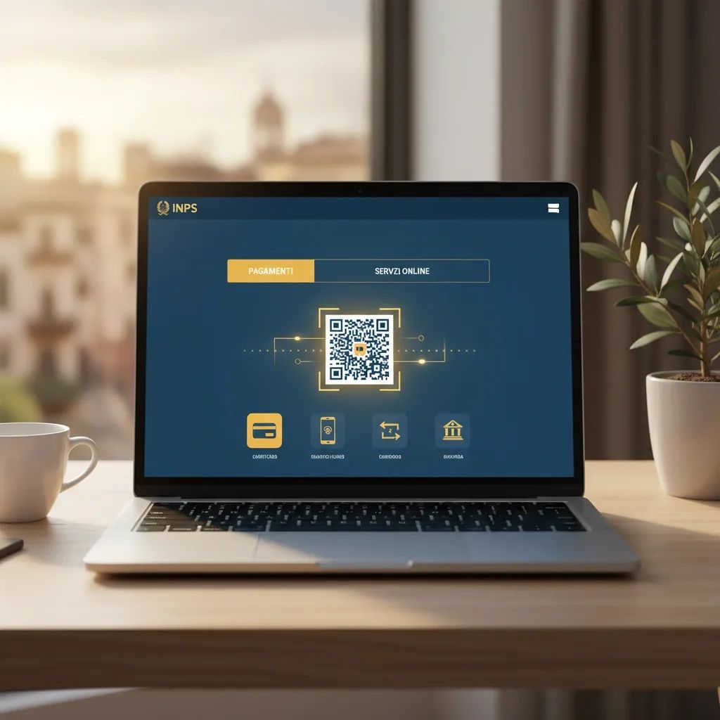 Modern illustration of INPS digital payment portal on laptop for domestic worker contributions