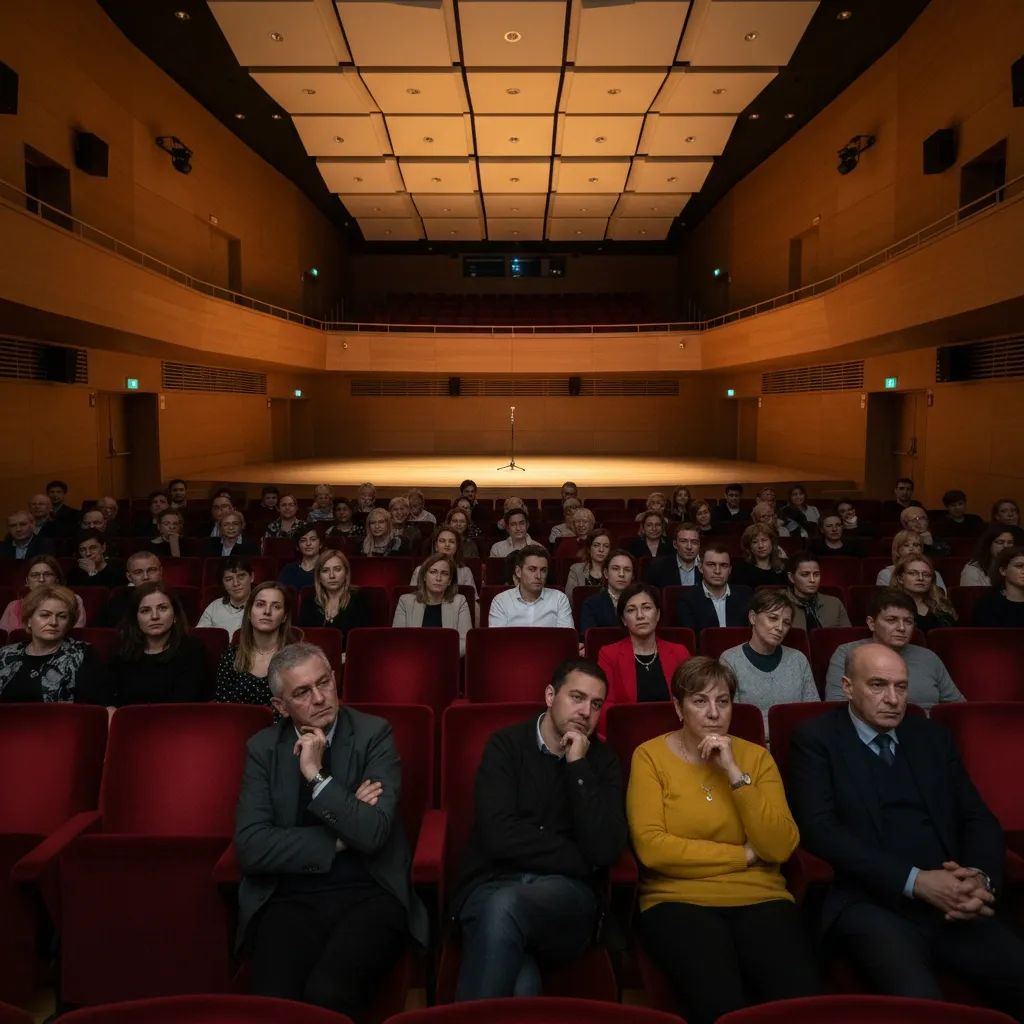 Concert venue audience watching Sanremo Festival performance on stage with professional lighting